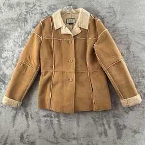 L.E.I. Sherpa Coat Womens L Tan Faux Suede‎ Patchwork Button Up Vintage Y2K